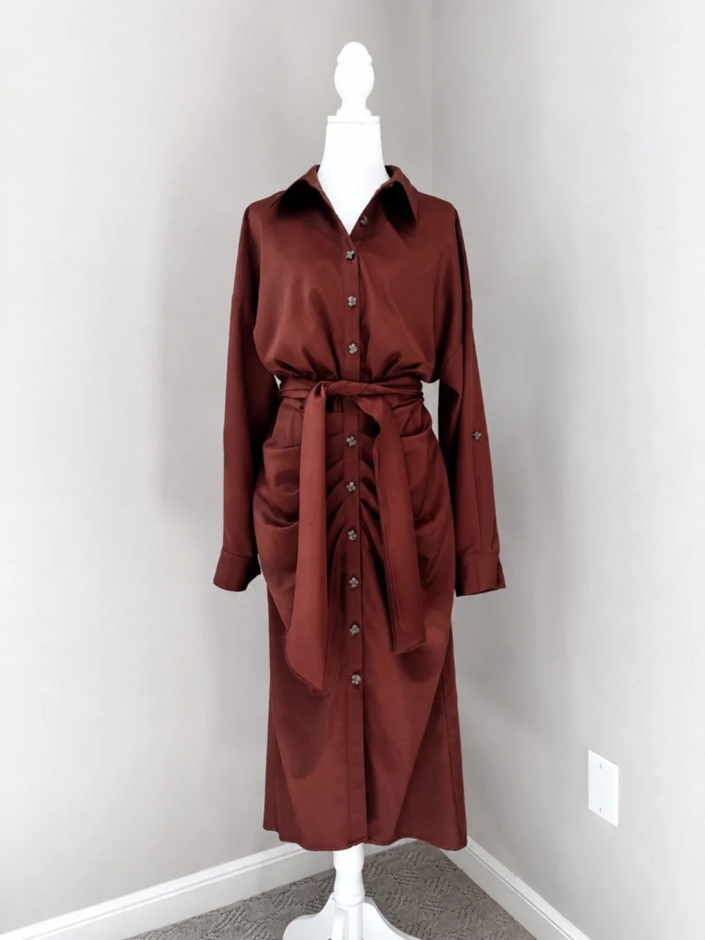 NWOT Antonio Melani Roxanne Tie Waist Midi Shirt Dress Ember Size 8 - Picture 3 of 6